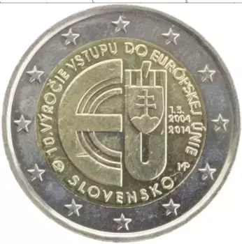 Монета 2 евро Словакии 2014 года Биметалл 10 лет вступления в ЕС