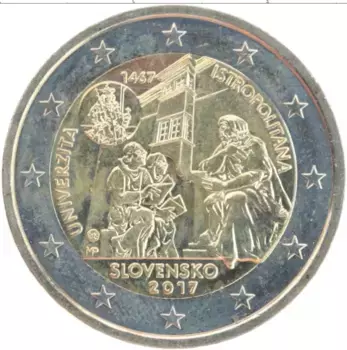 Монета 2 евро Словакии 2017 года Биметалл 550-летие Истрополитанского Университета