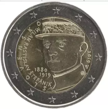 Монета 2 евро Словакии 2019 года Биметалл 100 лет со дня смерти Милана Ростислава Штефаника