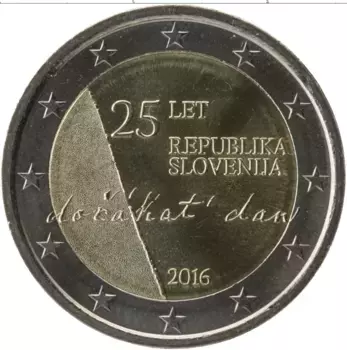 Монета 2 евро Словении 2016 года Биметалл 25 лет Независимости Словении