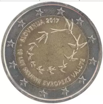 Монета 2 евро Словении 2017 года Биметалл 10-я годовщина евро в Словении