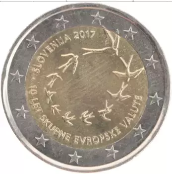 Монета 2 евро Словении 2017 года Биметалл 10-я годовщина евро в Словении