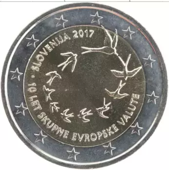 Монета 2 евро Словении 2017 года Биметалл 10-я годовщина евро в Словении