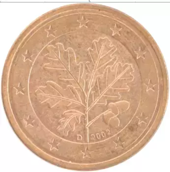 Монета 2 евроцента Германии 2002 года Латунь D