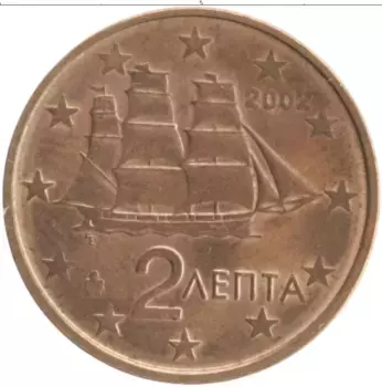 Монета 2 евроцента Греции 2002 года Бронза