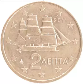Монета 2 евроцента Греции 2011 года Медь