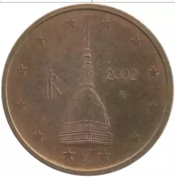 Монета 2 евроцента Италии 2002 года Бронза