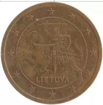 Монета 2 евроцента Литвы 2015 года Бронза