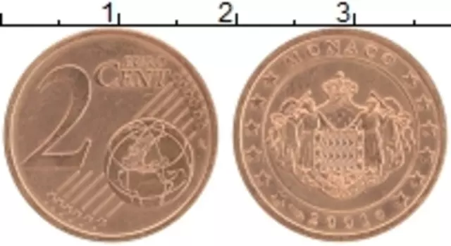 Монета 2 евроцента Монако 2001 года Бронза
