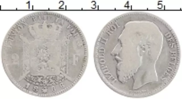 Монета 2 франка Бельгии 1866 года Серебро Леопольд II