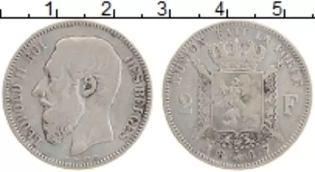 Монета 2 франка Бельгии 1867 года Серебро Леопольд II