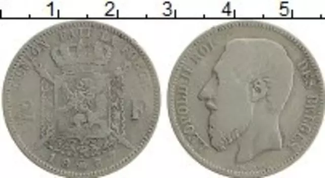 Монета 2 франка Бельгии 1867 года Серебро Леопольд II