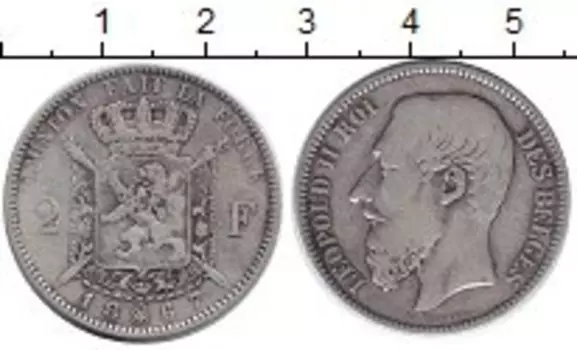 Монета 2 франка Бельгии 1867 года Серебро Леопольд II