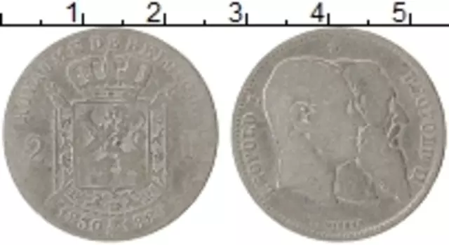 Монета 2 франка Бельгии 1880 года Серебро 50 лет Независимости