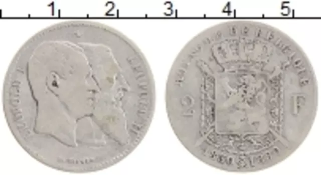 Монета 2 франка Бельгии 1880 года Серебро 50 лет Независимости