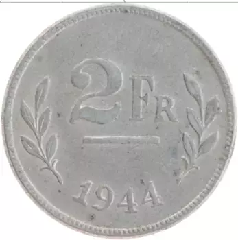 Монета 2 франка Бельгии 1944 года Цинк Союзная оккупация