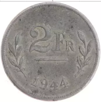 Монета 2 франка Бельгии 1944 года Цинк