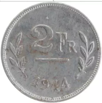 Монета 2 франка Бельгии 1944 года Цинк