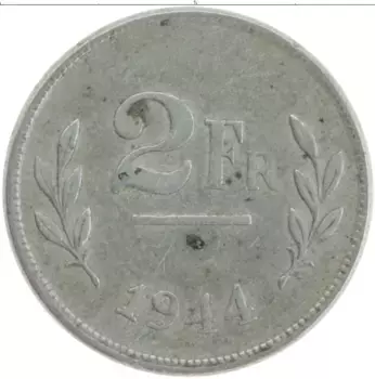 Монета 2 франка Бельгии 1944 года Цинк