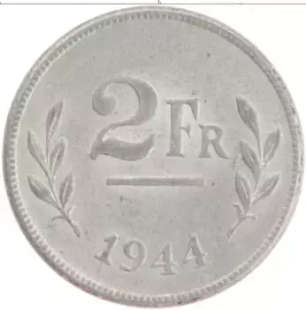 Монета 2 франка Бельгии 1944 года Цинк Союзный выпуск