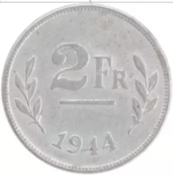 Монета 2 франка Бельгии 1944 года Цинк