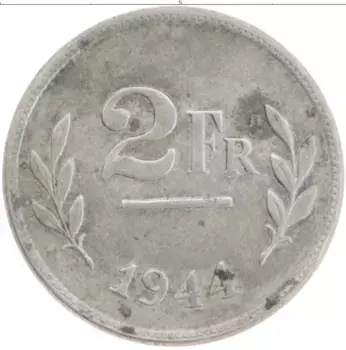 Монета 2 франка Бельгии 1944 года Железо