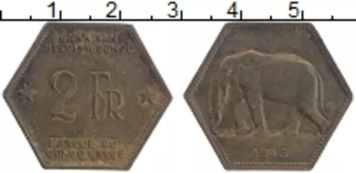 Монета 2 франка Бельгийского Конго 1943 года Латунь