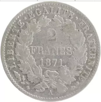Монета 2 франка Франции 1871 года Серебро