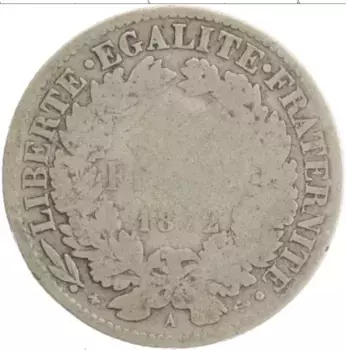 Монета 2 франка Франции 1872 года Серебро