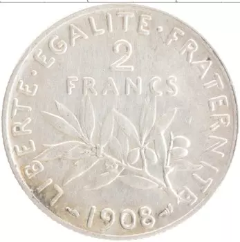Монета 2 франка Франции 1908 года Серебро