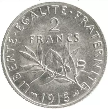 Монета 2 франка Франции 1915 года Серебро
