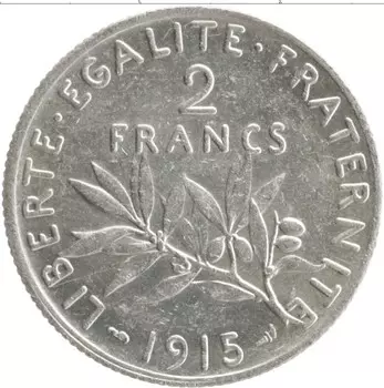 Монета 2 франка Франции 1915 года Серебро
