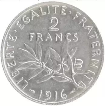 Монета 2 франка Франции 1916 года Серебро