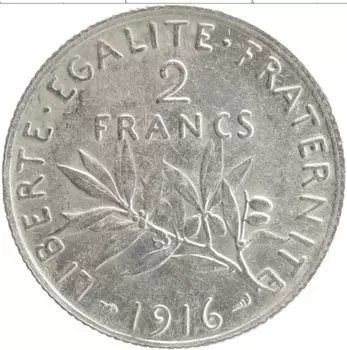 Монета 2 франка Франции 1916 года Серебро