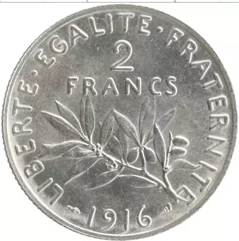 Монета 2 франка Франции 1916 года Серебро