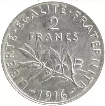 Монета 2 франка Франции 1916 года Серебро