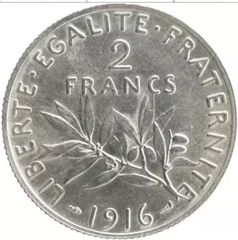 Монета 2 франка Франции 1916 года Серебро