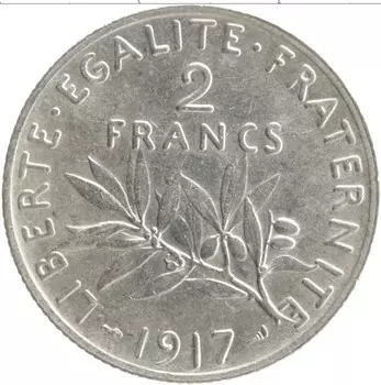 Монета 2 франка Франции 1917 года Серебро