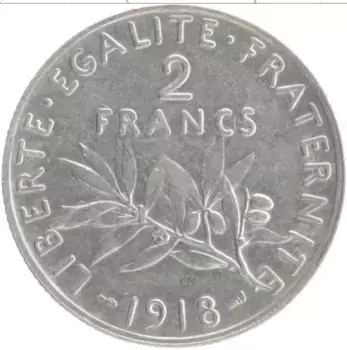 Монета 2 франка Франции 1918 года Серебро