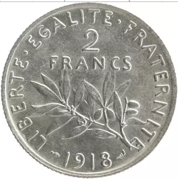 Монета 2 франка Франции 1918 года Серебро