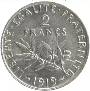 Монета 2 франка Франции 1919 года Серебро