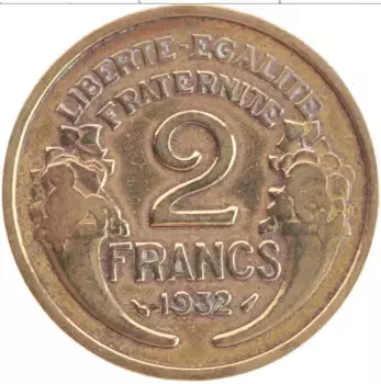 Монета 2 франка Франции 1932 года Бронза