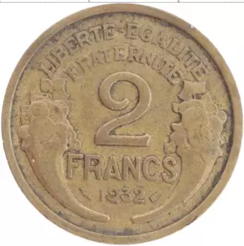 Монета 2 франка Франции 1932 года Бронза