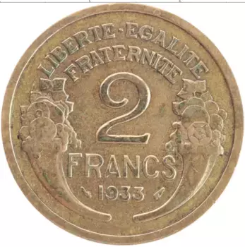 Монета 2 франка Франции 1933 года Бронза