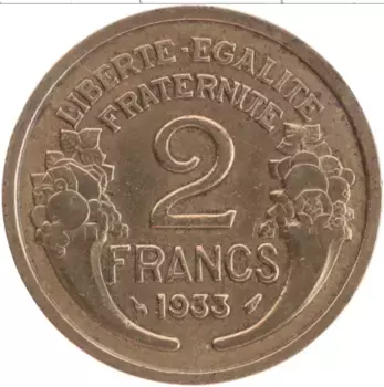 Монета 2 франка Франции 1933 года Латунь