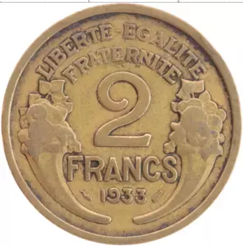 Монета 2 франка Франции 1933 года Латунь