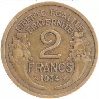 Монета 2 франка Франции 1934 года Бронза