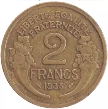 Монета 2 франка Франции 1938 года Бронза Алюминиевая бронза