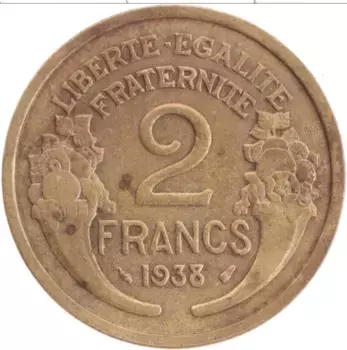 Монета 2 франка Франции 1938 года Бронза