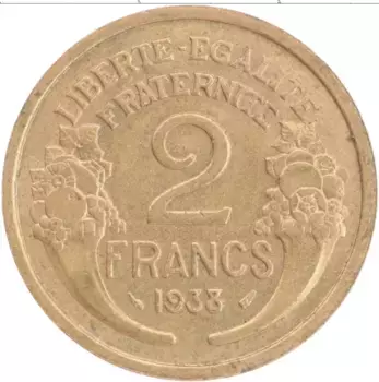 Монета 2 франка Франции 1938 года Бронза